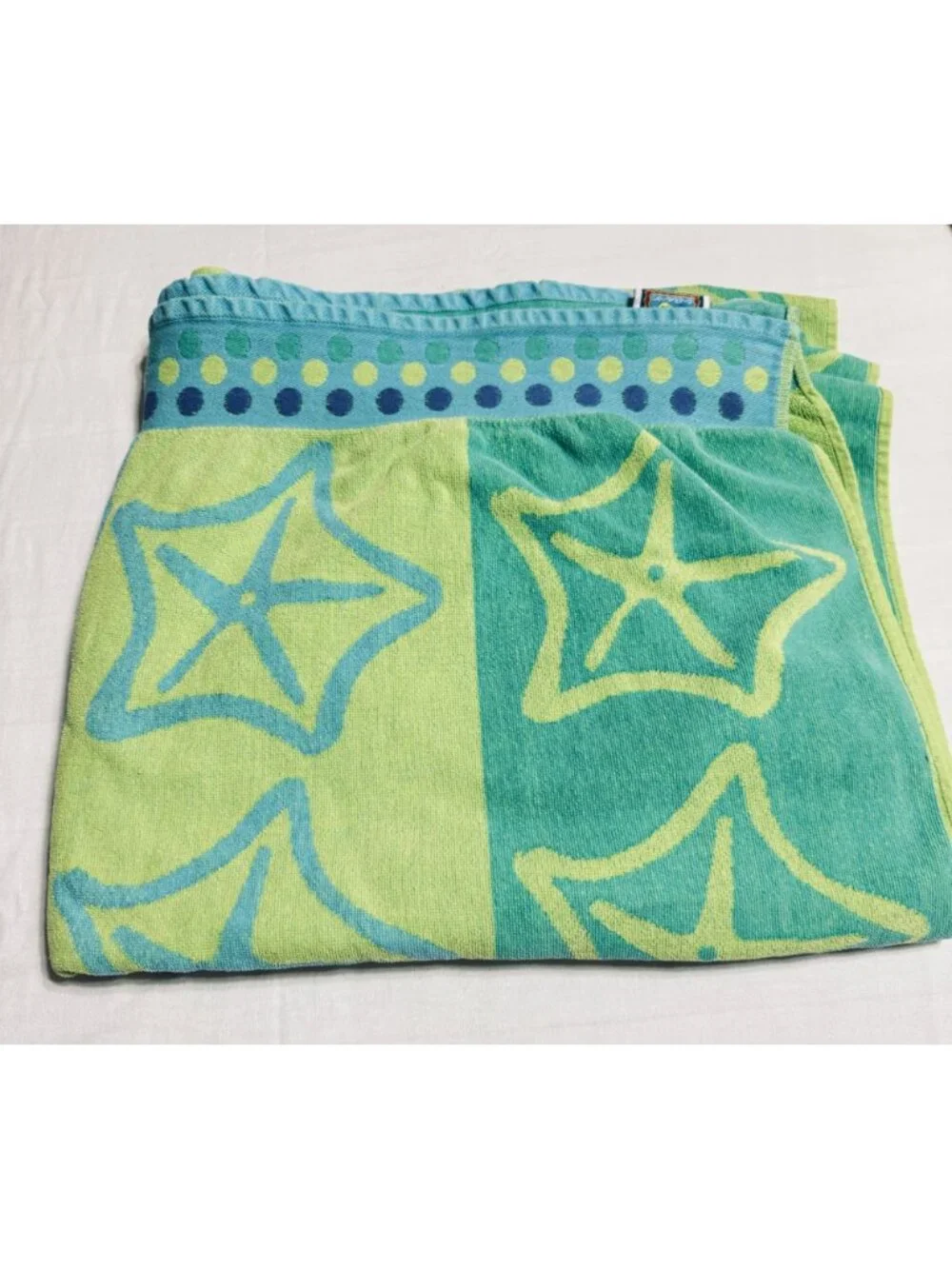Vintage Palm Cove Beach Bath Towel 33 X 64 Sea Stars Cotton Pastel Green Blue